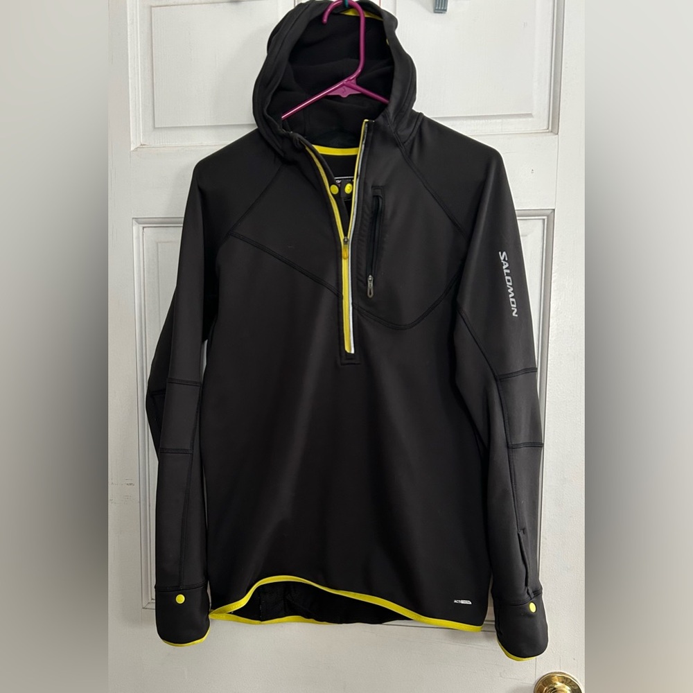 Salomon ActiTherm Fleece Lined Black Half-Zip Jacket w/ Hood, Zip Pockets Medium